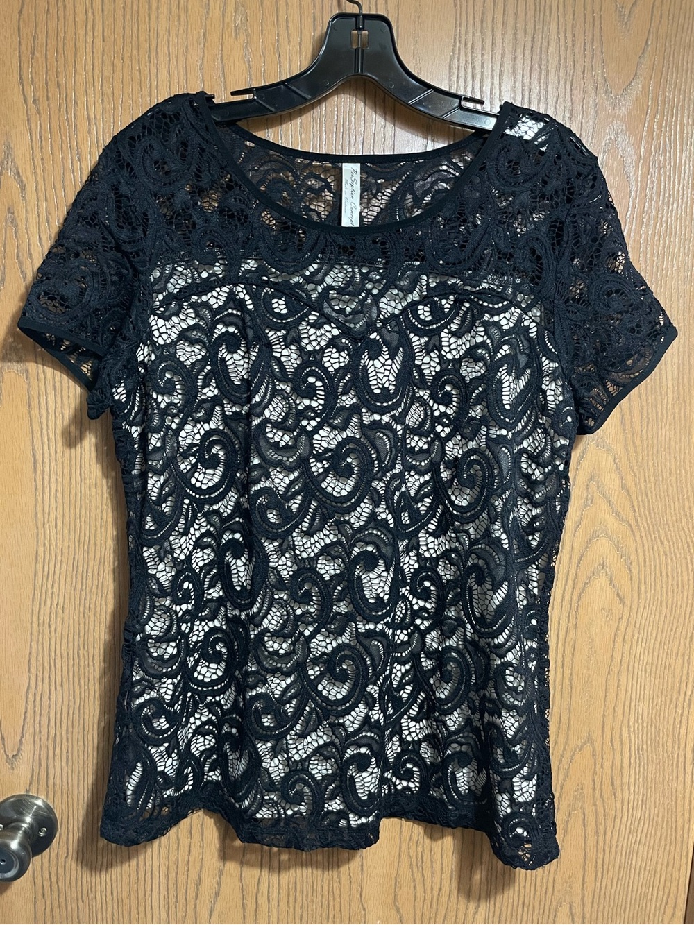 Black Lace Overlay Blouse with Short Sleeves